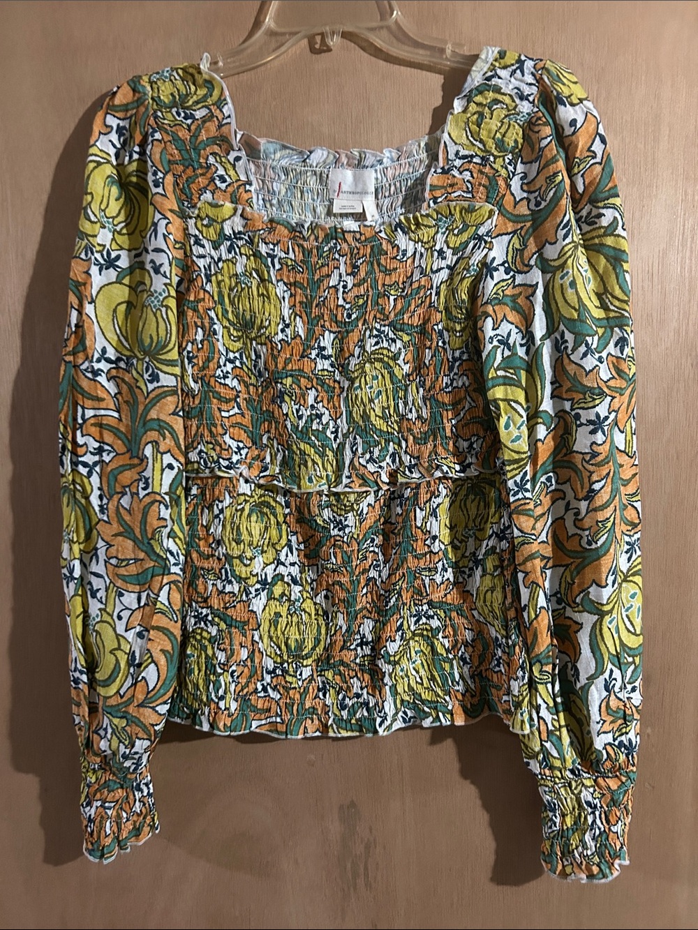 Anthropologie Yellow & Orange Floral Smocked Long-Sleeve Women's Top